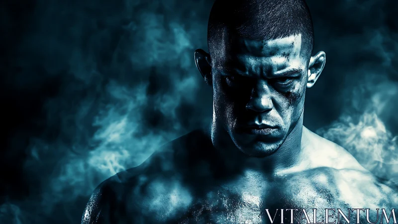 High-contrast blue portrait of bruised muscular fighter in smoke