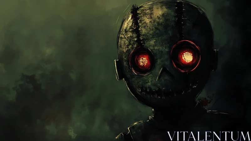 Stitched doll silhouette stares with burning red eyes