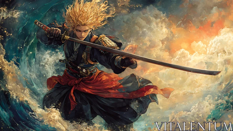 Storm-lit samurai warrior unleashes a blazing katana strike