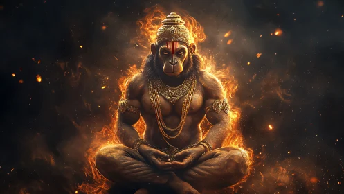 Fiery simian guardian in molten-gold meditative stillness.