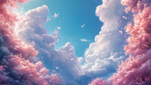 Digital sky composition shows cloud formations over pink trees