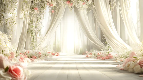 Whispering wedding aisle in cascading blush floral drapery.