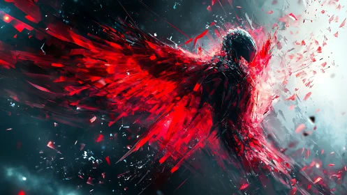 Shattered crimson phoenix rising in a storm of glowing light.