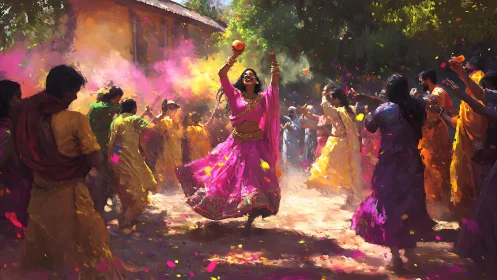 Joyful Holi Festival Dance Scene in Vibrant Impressionist Style.