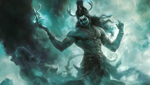 Majestic divine warrior dancing through swirling cosmic mist.