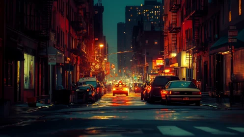 Quiet city street glows with warm lights after gentle rain