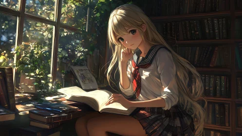 Sunlit anime schoolgirl studying by window in classic library