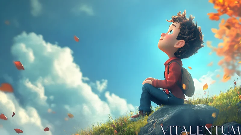 Stylized 3D boy on hillside rock observes drifting autumn leaves