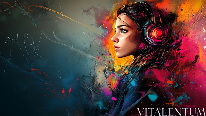 Woman wearing headphones faces right amid neon paint bursts