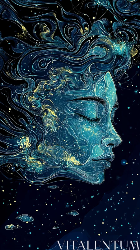 Cosmic human profile rendered in swirling blue linework.
