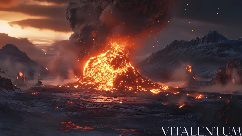 Volcanic Eruption in Alpine Valley at Sunset.