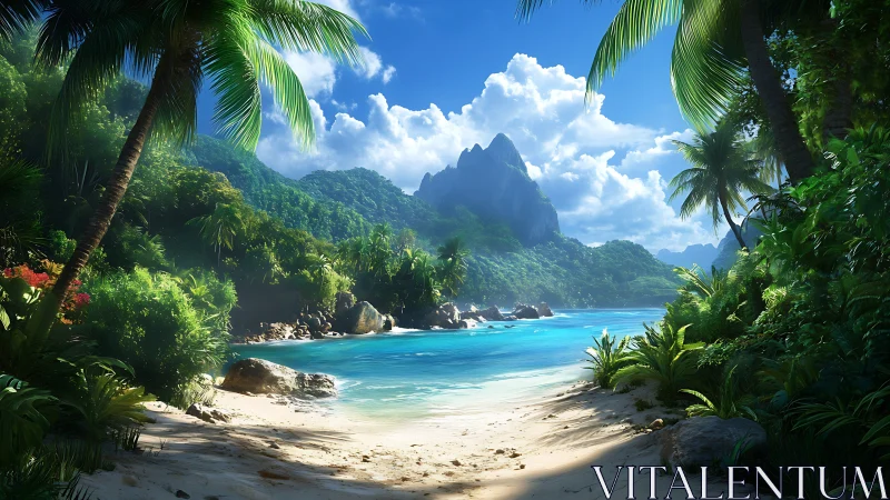 Tropical Paradise Beach with Lush Palms and Mountains.