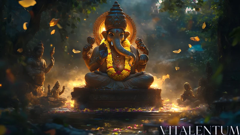 Golden Ganesh idol under volumetric forest lighting glows softly