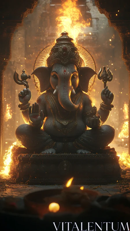 Sacred elephant deity glowing amid temple firelight.