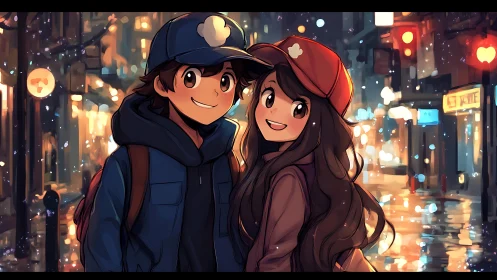 Warm-hearted friends share a glowing night city stroll