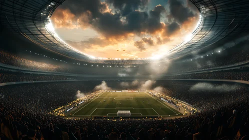 Massive football stadium under dramatic evening sky.