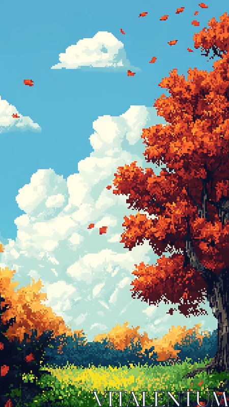 Pixel autumn tree rises over bright meadow and drifting clouds.