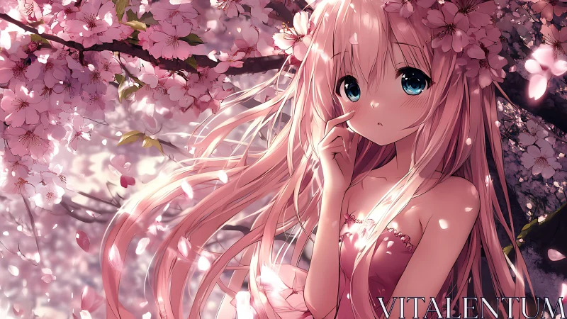 Pink haired anime girl under blooming cherry blossom canopy