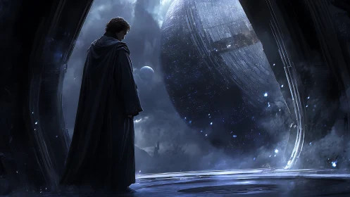 Hooded figure stands at spaceport gate facing massive sphere