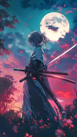 Lone anime swordsman under full moon at sunset field.