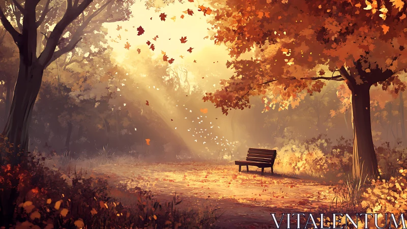 Sunlit autumn forest path contains empty bench and falling leaves