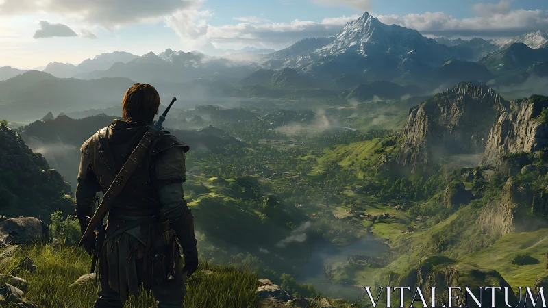 Fantasy ranger overlooking vast green mountain valley.