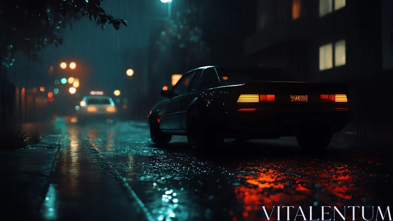 Night street scene shows parked car in rain with wet roadway
