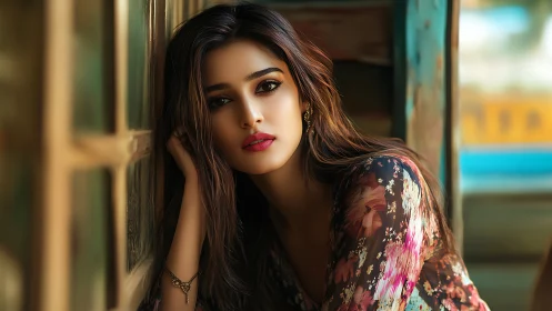 Pensive woman leans by sunlit window in soft floral tones