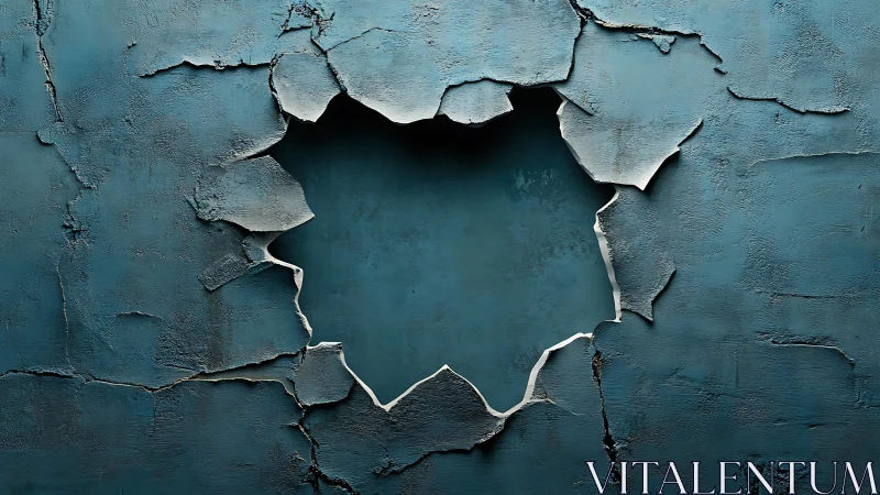 Cracked Blue Wall with Large Hole in Grunge Artistic Style.