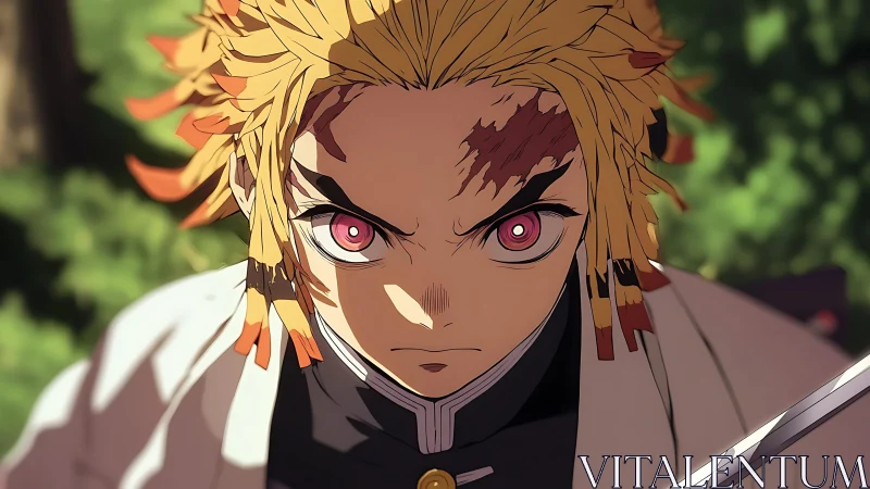 Focused anime swordsman with flame-patterned blond hair.