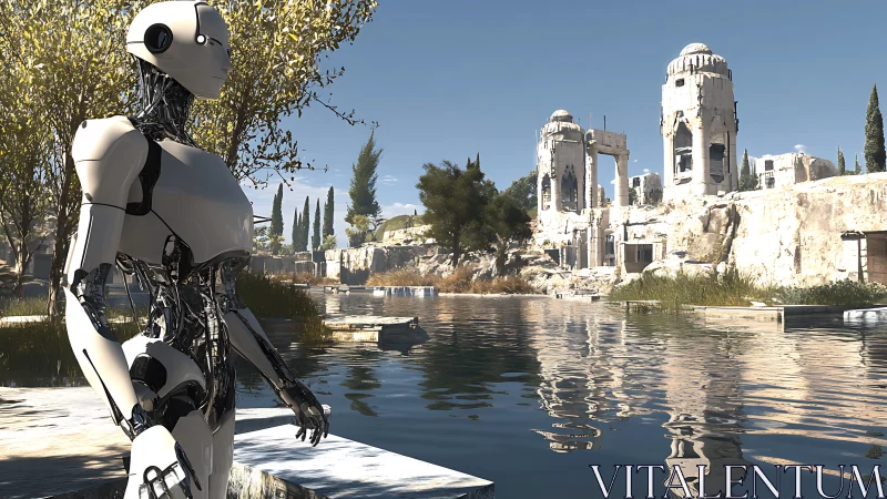 Solitary robot beside flooded ancient stone ruins by lake.