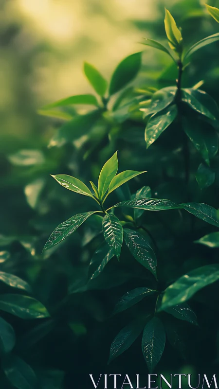 Soft morning light gently kisses fresh green leaves in peace