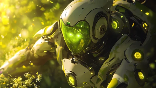 Bioluminescent combat mech emerging through forest light.