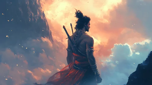 Warrior figure on cliff edge against luminous cloudscape.
