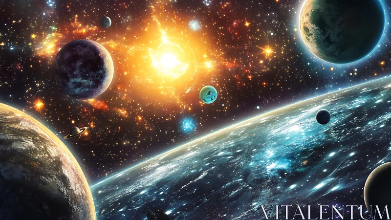 Vibrant cosmic landscape with planets, stars, and radiant sun.