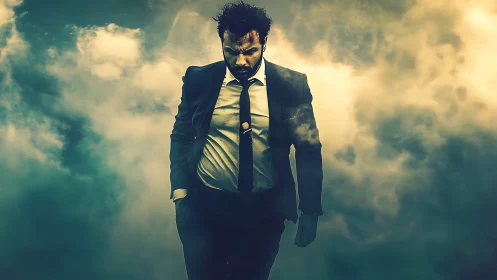 Defeated businessman walks through dense golden smoke