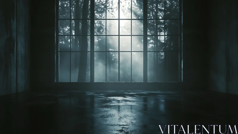 Empty interior with large window facing misty forest view.