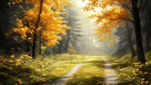 Autumn Forest Road with Golden Foliage.