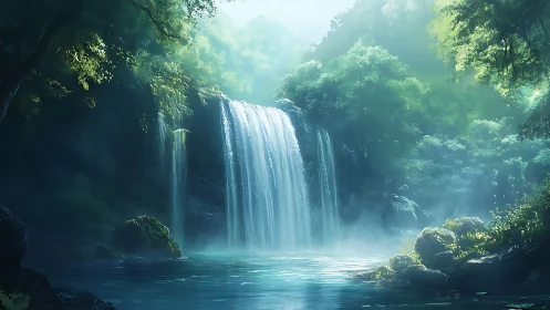 Cascading Serenity: Misty Waterfall Through Emerald Grotto.