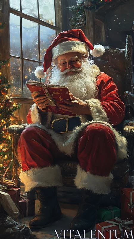 Santa in warm cabin light reading ornate red Christmas book.