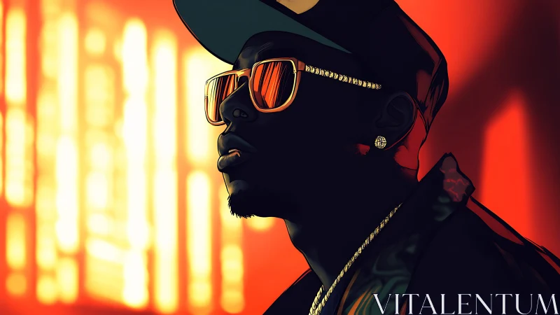 Neon backlit hip-hop portrait in high-contrast vector profile