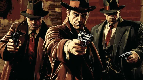 Three armed gangsters stand in formation aiming revolvers