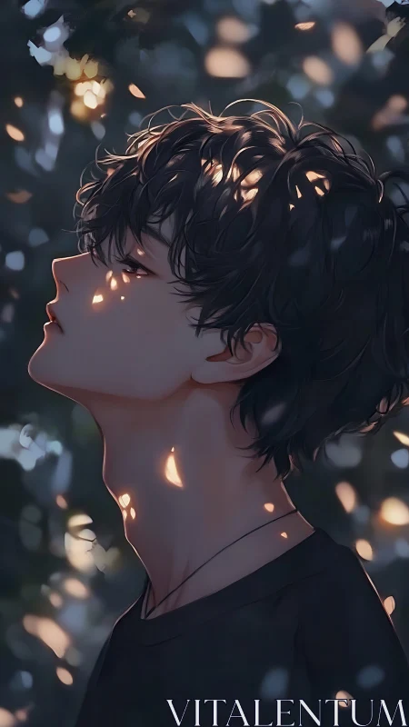 Side profile of stylized youth under dappled evening light