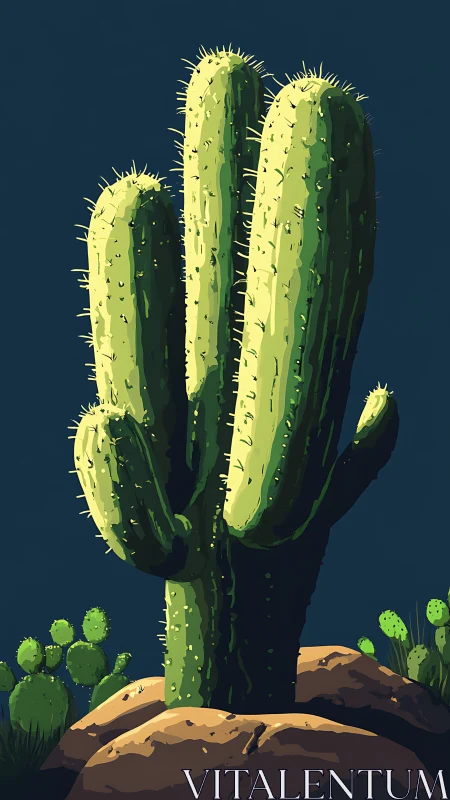 Tall desert cactus rises from warm rocks under night sky
