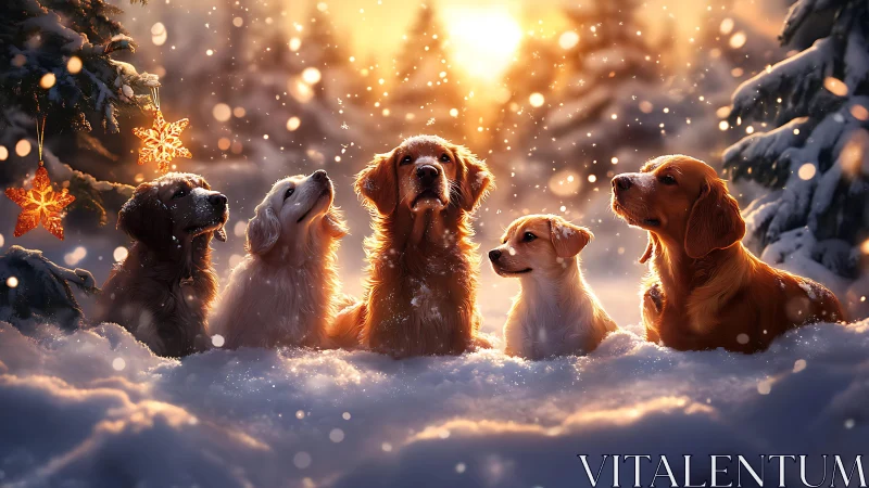 Winter-lit canine group portrait under soft golden snowfall