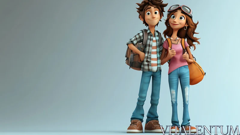 3D Animated Characters: Male Figure with Plaid Shirt and Backpack, Female Figure with Pink Top