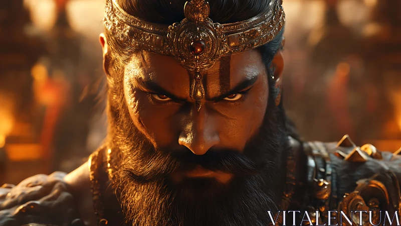 Warrior king close-up with intense gaze and crown.