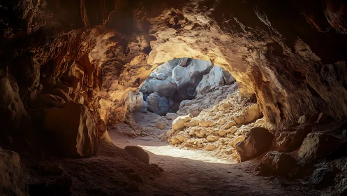 Sunlit sandstone cave mouth with textured rocky floor.