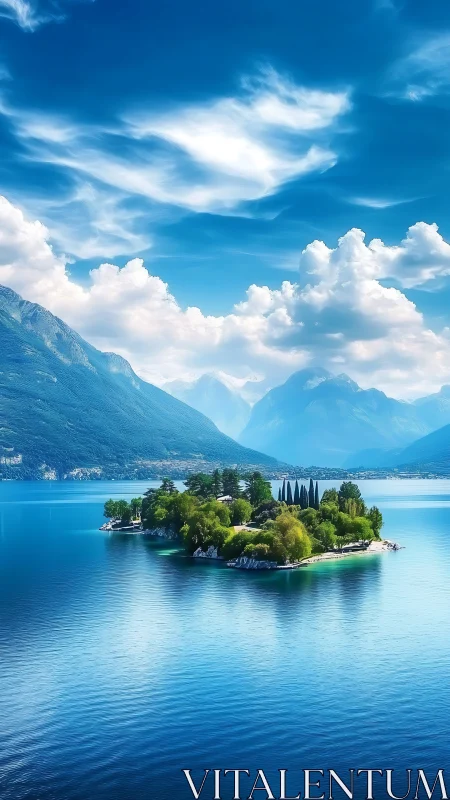 Alpine Lake Island Sanctuary with Mountain Backdrop.