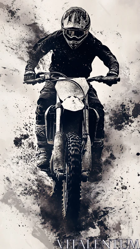 Fearless dirt biker racing through bold splashes of grit.